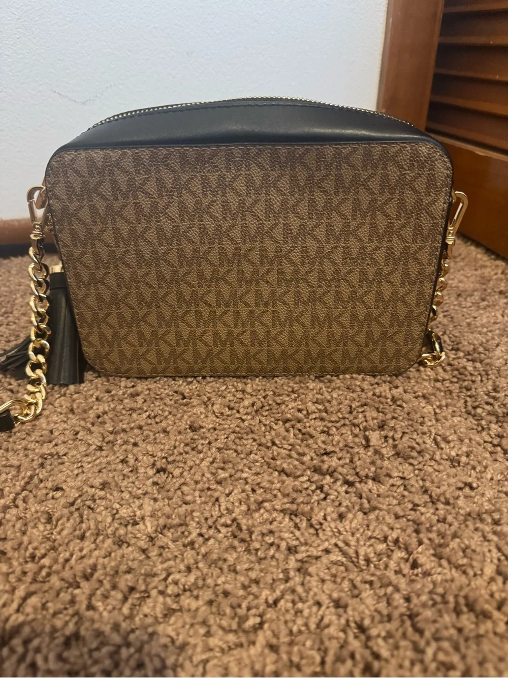 Michael Kors Brown Monogram Crossbody with Black and White Center Stripe